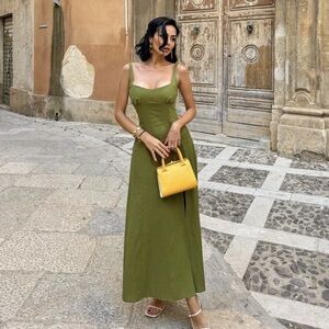 Zara Elegant Olive Green Linen Maxi Dress